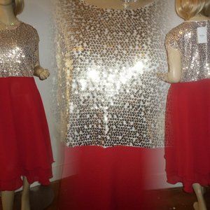 Women's gold and ruby red chiffon look dress